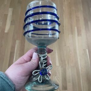 Blown Glass Wine Glasses Set (4) Metal Flowers